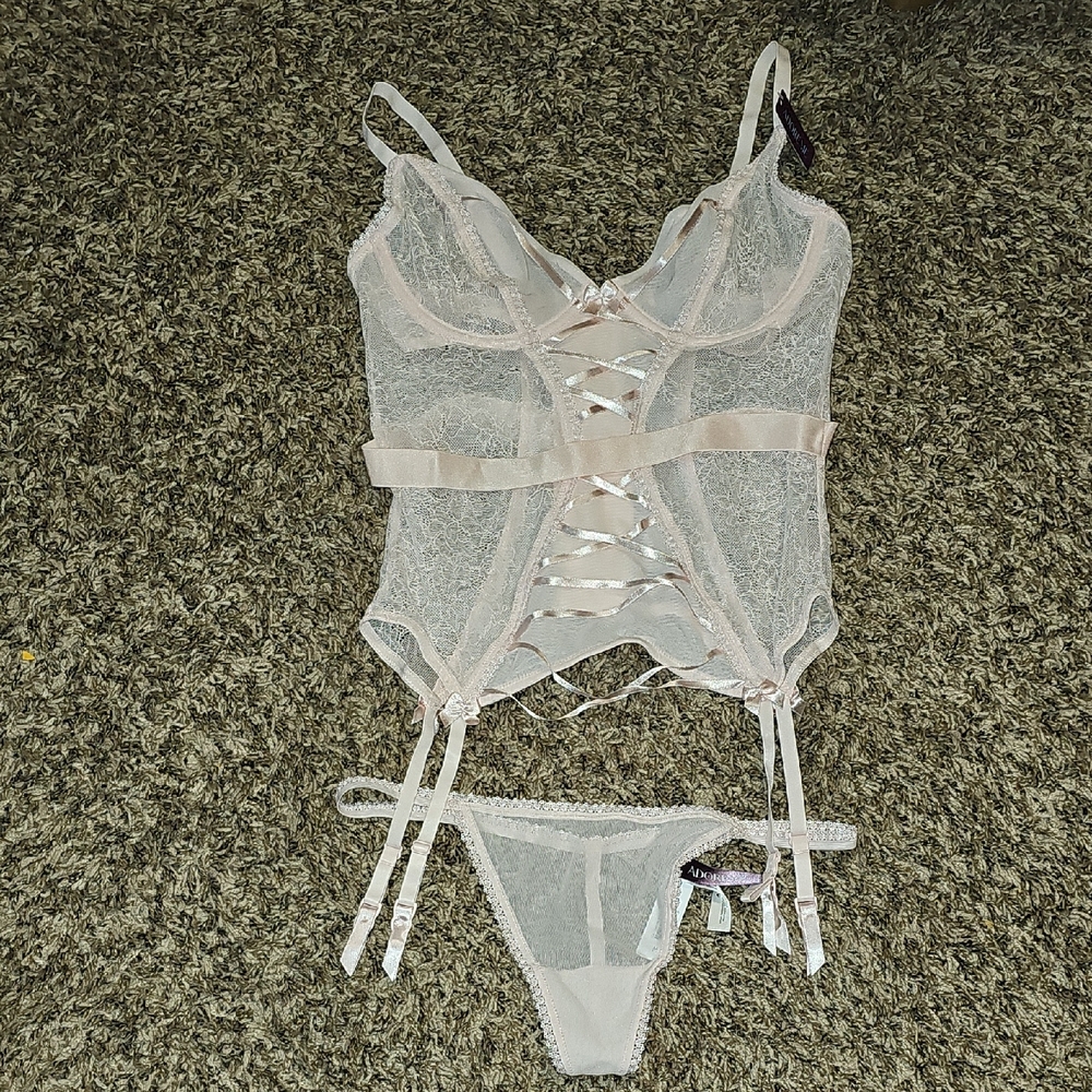Adore Me Lace Corset Set in Light Pink